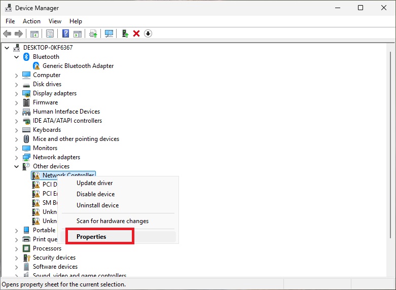 Right click the network controller and select Properties
